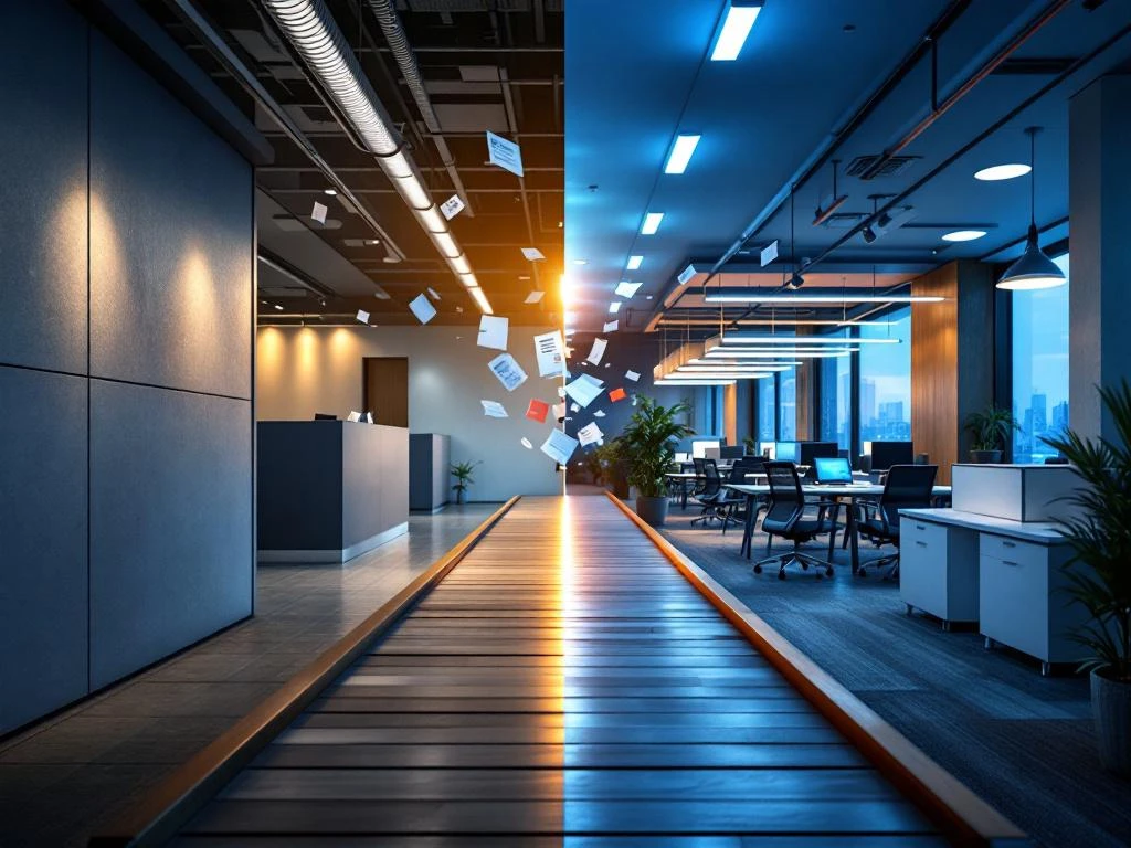 Kantooromgeving met grijze hokjes links, moderne recruitmentruimte rechts, verbonden door houten brug die carrièreovergang symboliseert