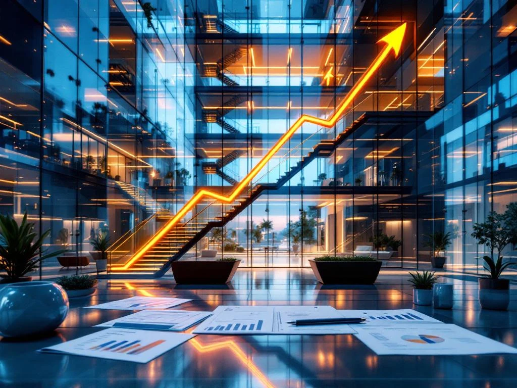 Modern glazen kantoorgebouw van bovenaf met verlichte verdiepingen, gouden pijlen en zakelijke documenten op voorgrond