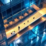 Moderne glazen kantoorgebouw met verlichte verdiepingen en gouden trap die carrièreontwikkeling symboliseert