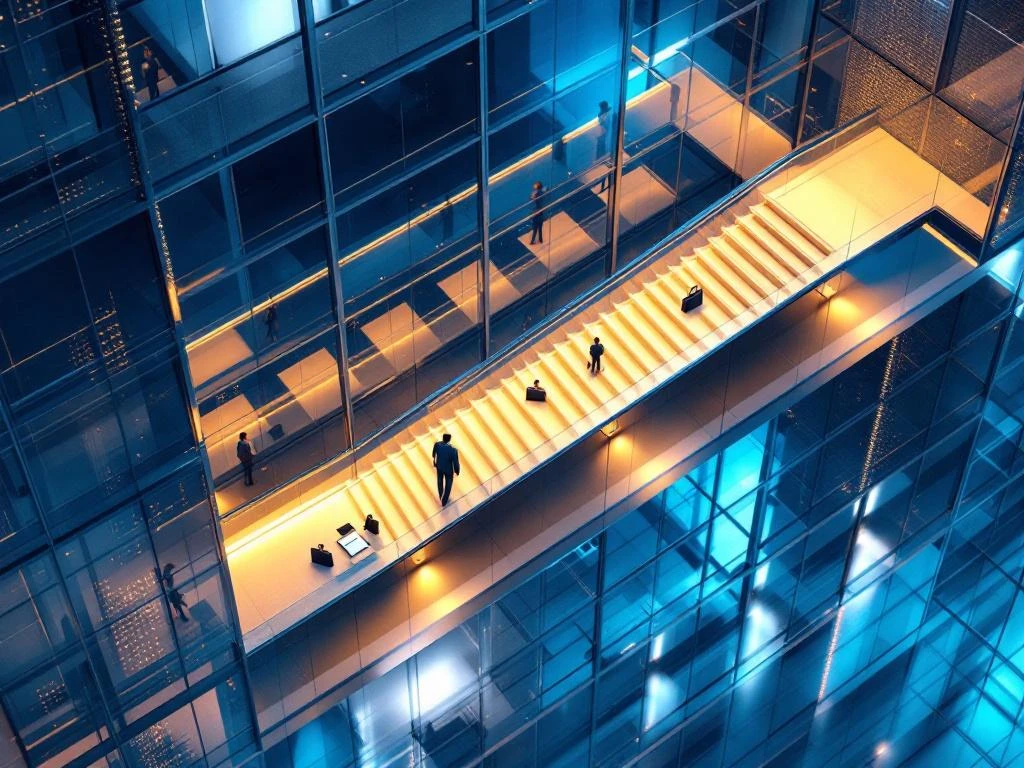 Moderne glazen kantoorgebouw met verlichte verdiepingen en gouden trap die carrièreontwikkeling symboliseert