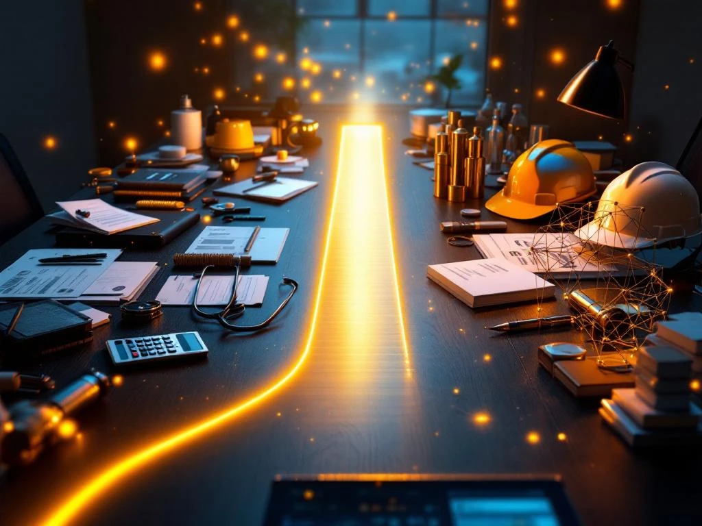 Moderne kantoorruimte met twee carrièrepaden die samenkomen tot één gouden route naar succes, professionele transformatie