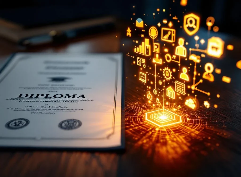 Houten bureau met traditioneel diploma links en gloeiende digitale vaardigheidspictogrammen rechts in professionele kleuren