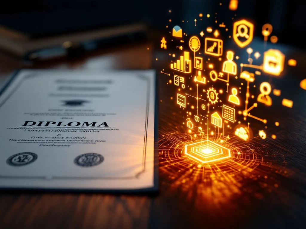 Houten bureau met traditioneel diploma links en gloeiende digitale vaardigheidspictogrammen rechts in professionele kleuren