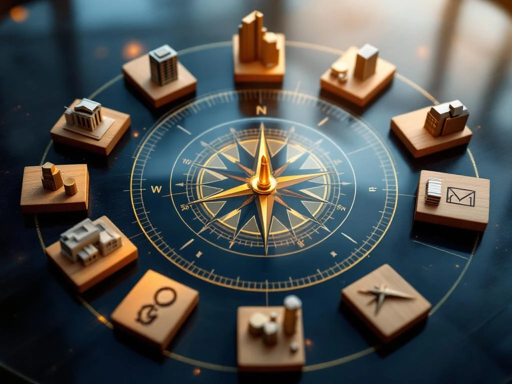 Moderne vergadertafel met tien houten evaluatieblokken in cirkel, kompas in centrum, zakelijke architectuurmodellen