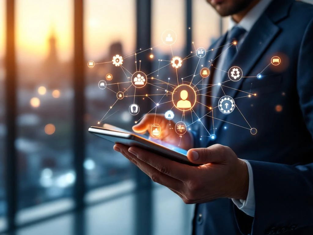 Uitvoerend manager houdt lichtgevende tablet met vaardigheidsiconen vast in modern Amsterdam kantoor tijdens gouden uur