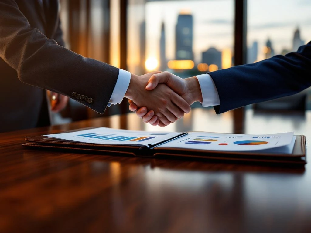 Twee zakenmensen schudden handen in luxe bestuurskamer met mahonie tafel en Amsterdam skyline op achtergrond