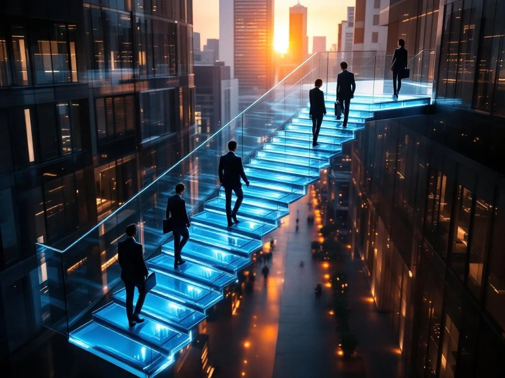 Zeven glazen trappen met blauwe verlichting, zakelijke figuren klimmen omhoog, Amsterdam kantoren op achtergrond