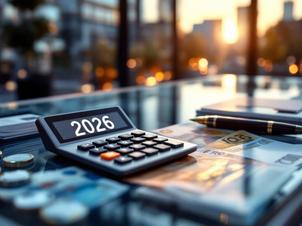 Rekenmachine toont "2026" op glazen bureau met eurobiljetten, vulpen en visitekaarthouder, Amsterdam skyline op achtergrond