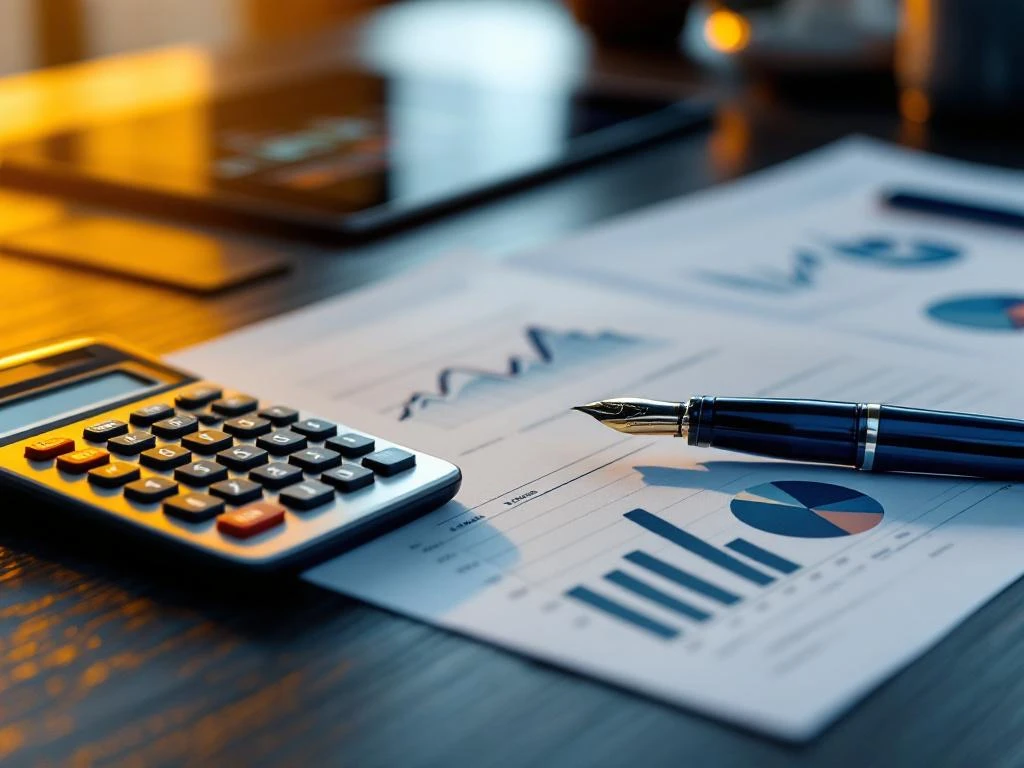 Financiële documenten met stijgende grafieken op bureau met calculator, pen en tablet met bankinterface