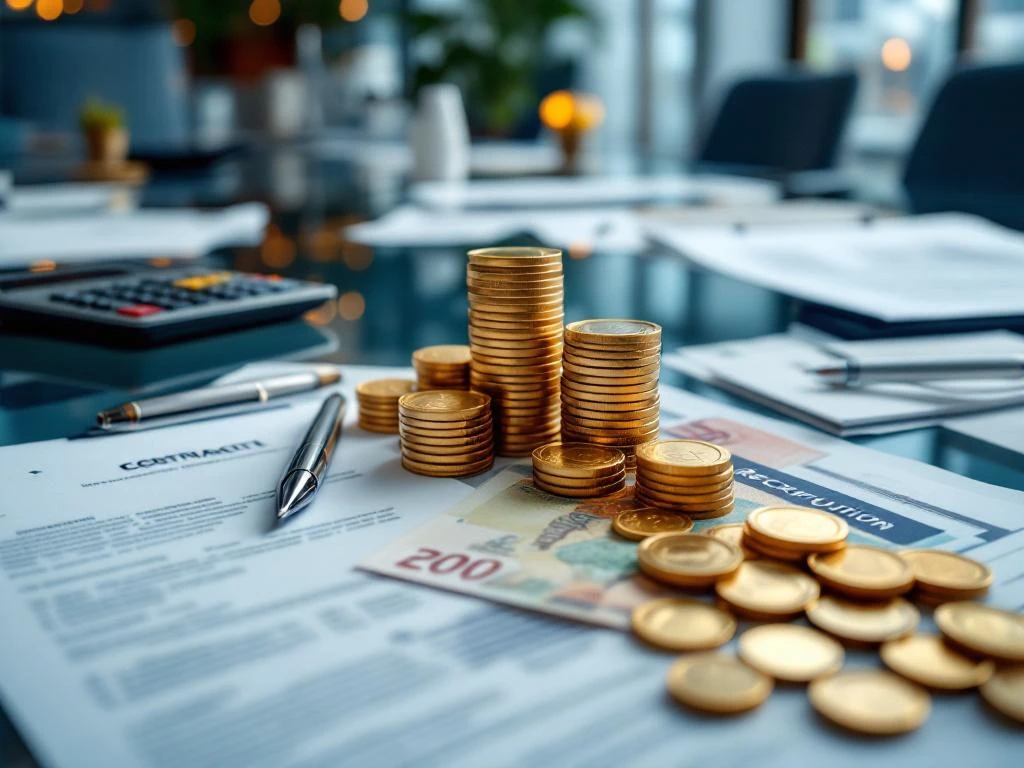 Glazen vergadertafel met financiële documenten, eurobiljetten, munten en zilveren pen in modern kantoor