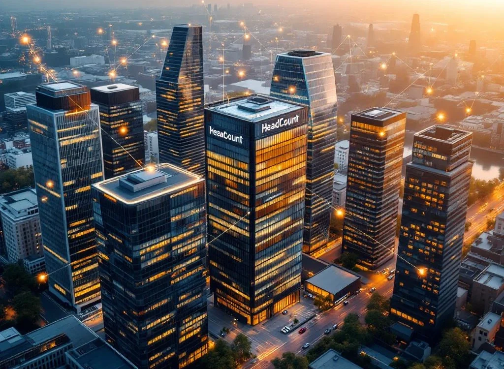Luchtfoto van Amsterdam zakendistrict met HeadCount kantoorgebouw centraal tussen zeven moderne kantoren in halve cirkel
