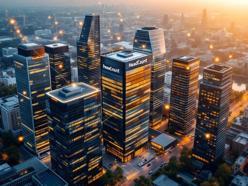 Luchtfoto van Amsterdam zakendistrict met HeadCount kantoorgebouw centraal tussen zeven moderne kantoren in halve cirkel