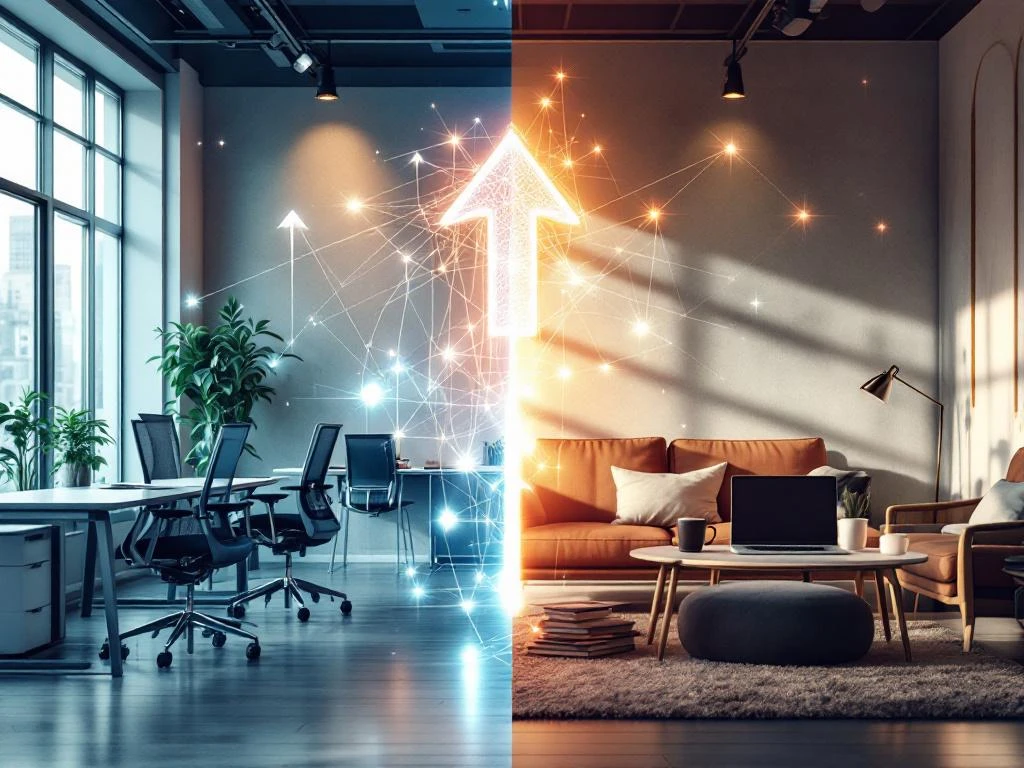 Gesplitste weergave van modern kantoor en thuiswerkplek verbonden door pijlen, toont hybride werken flexibiliteit