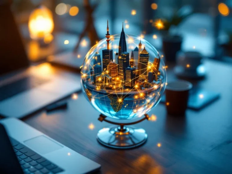 Glazen bol op houten bureau met miniatuur kantoorgebouwen uit verschillende landen, verbonden door gouden lichtpaden