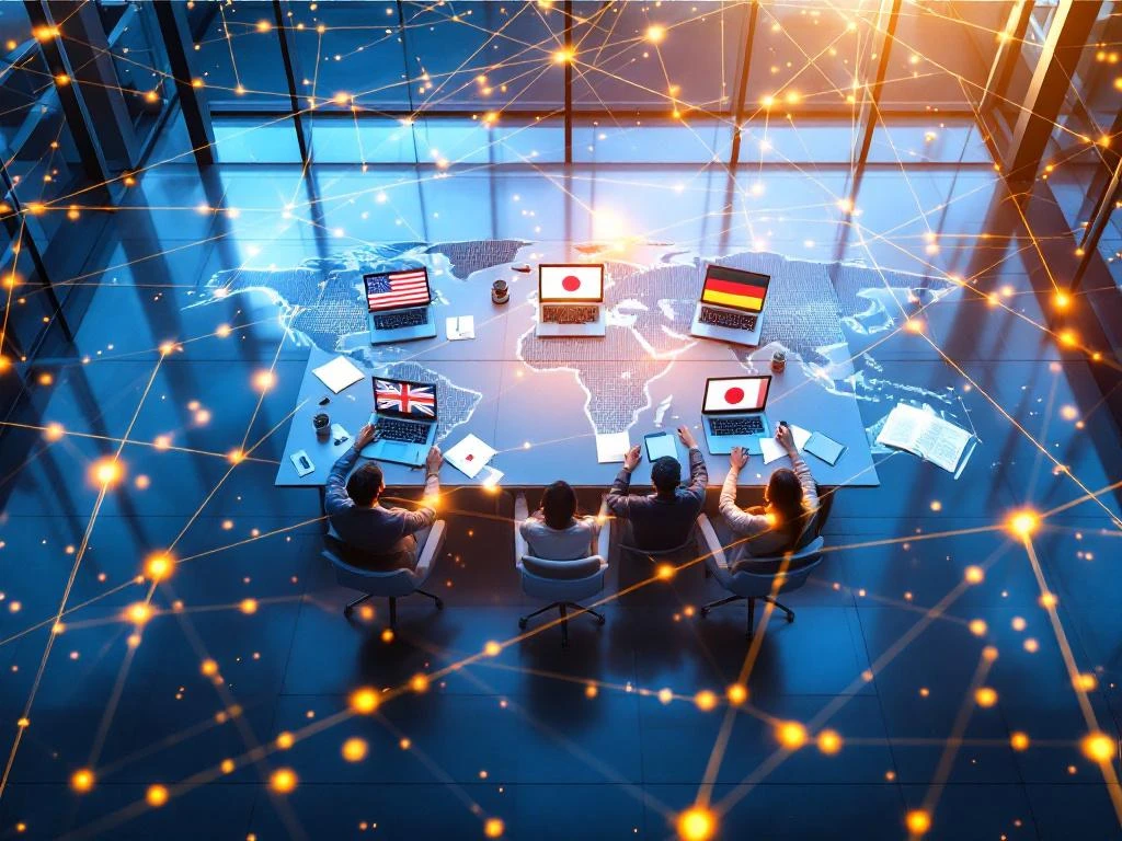 Luchtfoto van modern glazen kantoorgebouw met internationale vlaggen rond vergadertafel en wereldkaart overlay