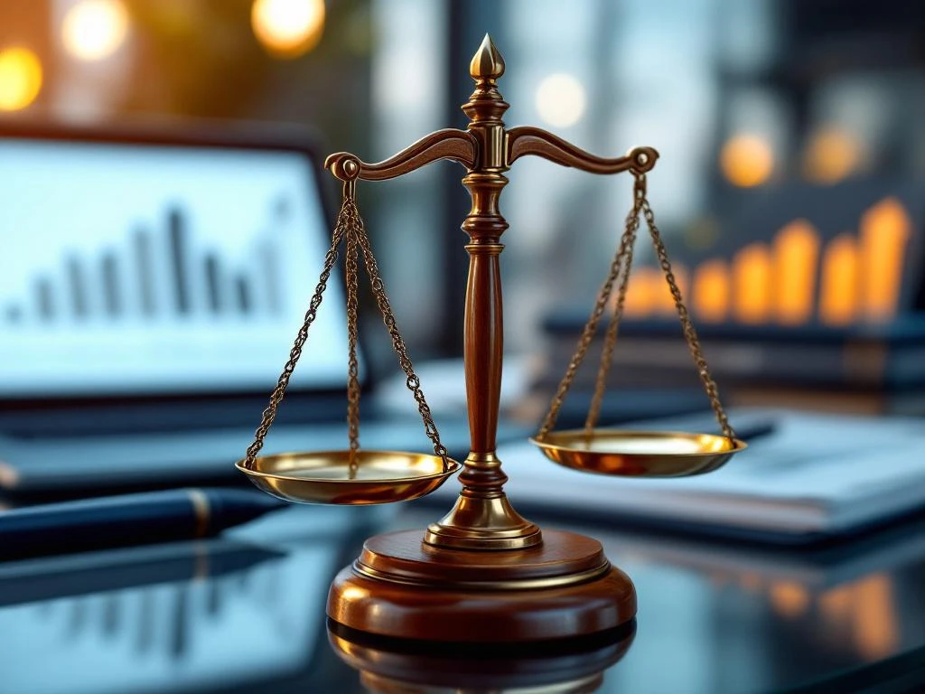 Houten weegschaal van justitie op glazen bureau met laptop die groeigrafiek toont, juridische boeken op achtergrond