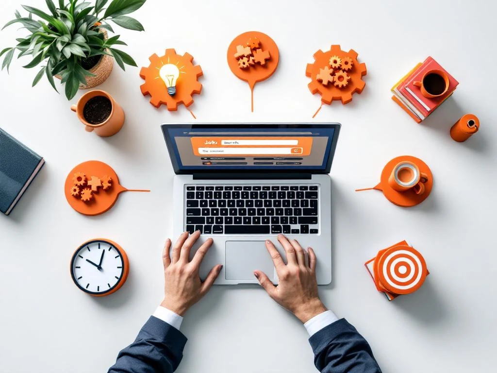 Laptop met vacaturezoekpagina op bureau omringd door zeven objecten die werkvaardigheden symboliseren