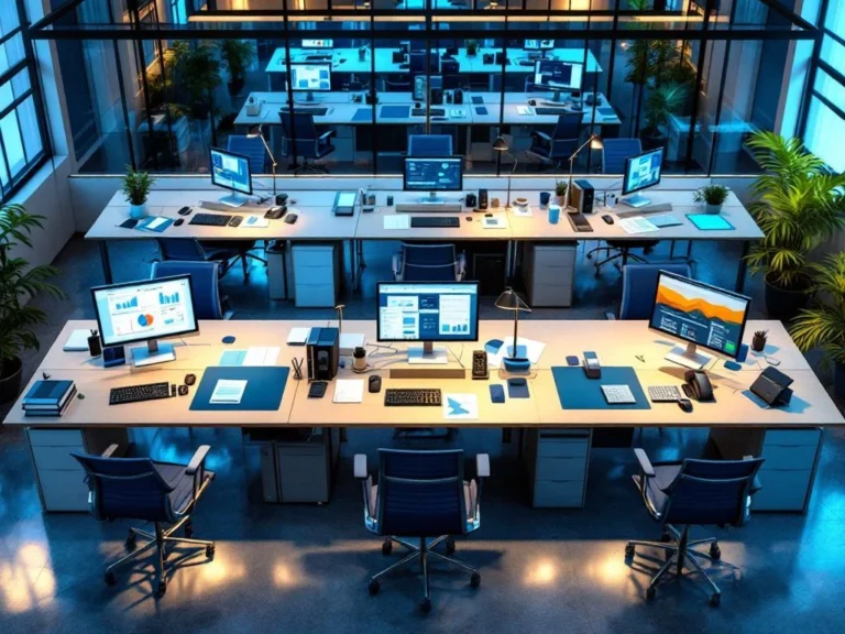 Zeven moderne administratieve werkplekken in professioneel kantoor met computers, archiefkasten en kantoorbenodigdheden