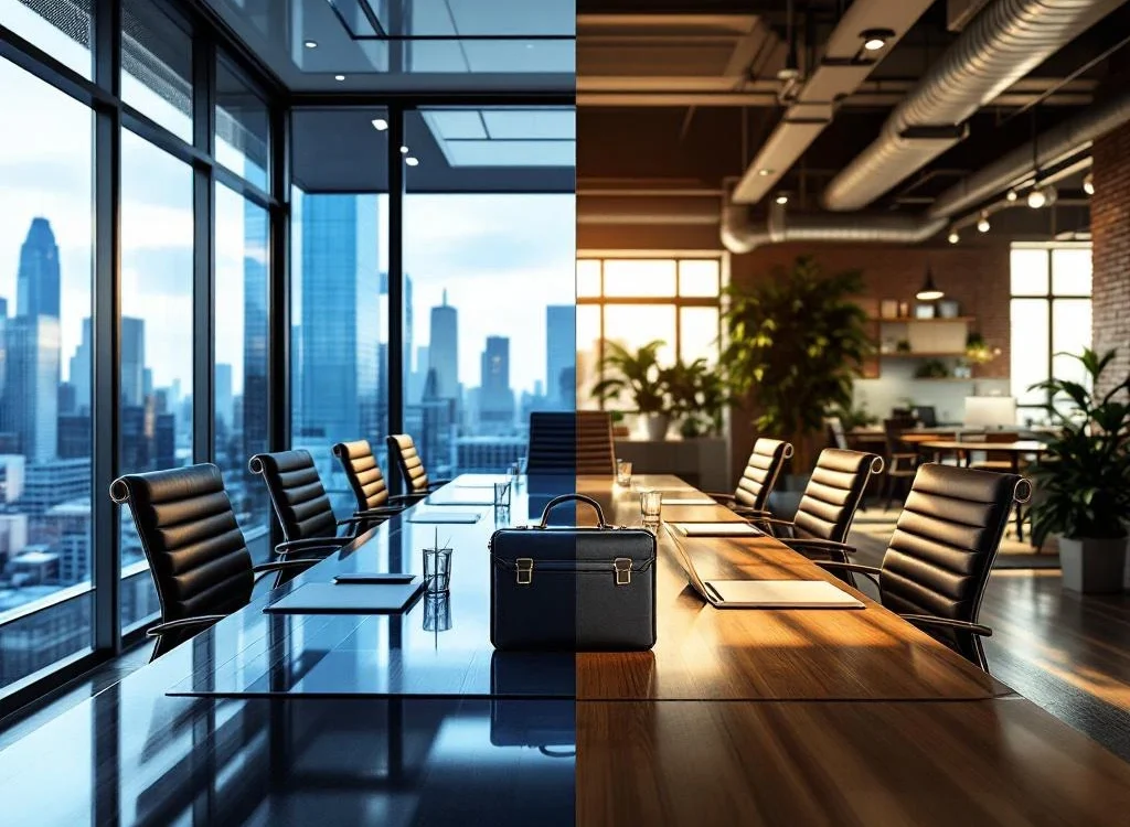 Split-screen kantooromgevingen: formele corporate boardroom links, moderne scale-up werkruimte rechts met laptop centraal