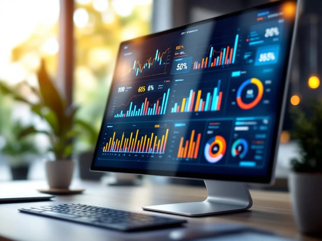 Digitaal dashboard met kleurrijke KPI-grafieken en prestatiemeters op computerscherm in moderne kantooromgeving