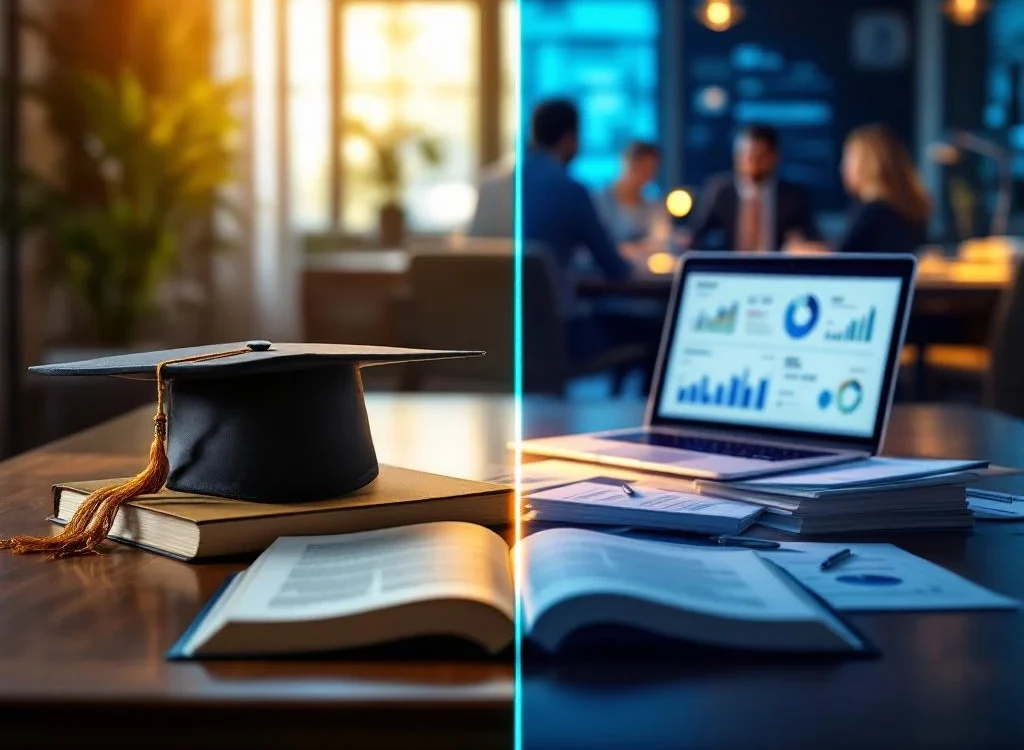 Gesplitste weergave van MBA-onderwijs naar accountmanagement: studieboeken en afstudeerhoed overgaand in moderne kantooromgeving