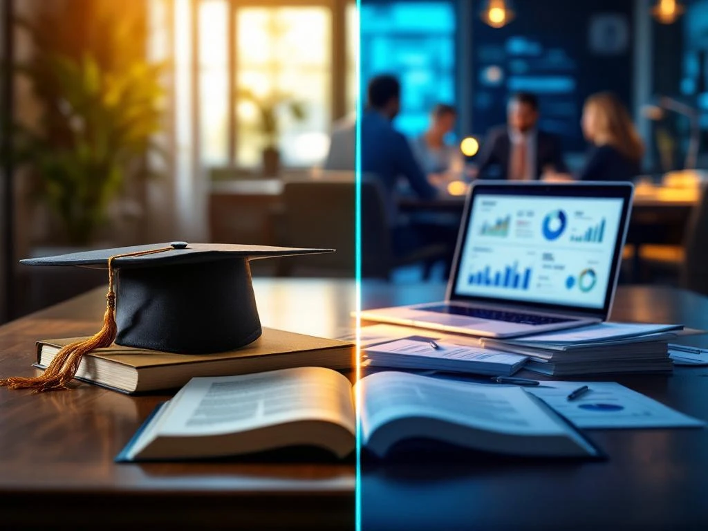 Gesplitste weergave van MBA-onderwijs naar accountmanagement: studieboeken en afstudeerhoed overgaand in moderne kantooromgeving