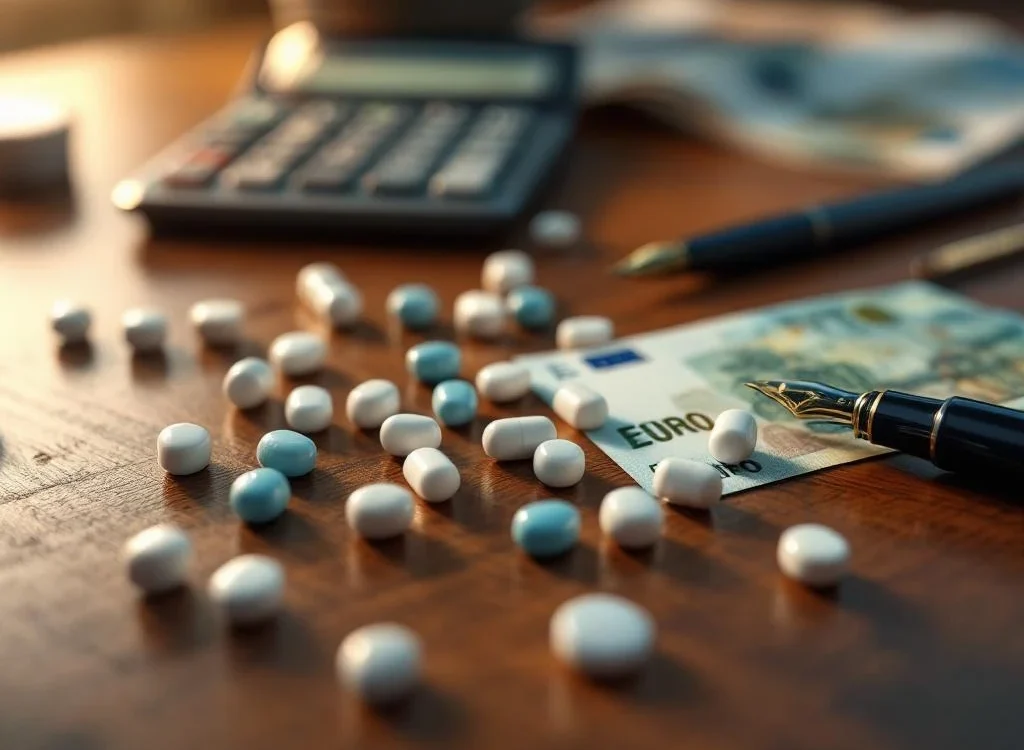 Farmaceutische pillen en capsules op houten bureau met eurobiljetten, rekenmachine en pen voor medicijnkosten