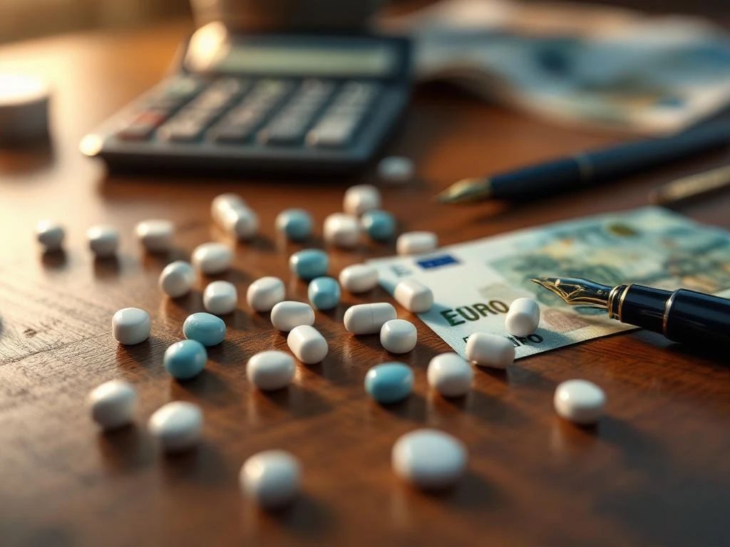 Farmaceutische pillen en capsules op houten bureau met eurobiljetten, rekenmachine en pen voor medicijnkosten