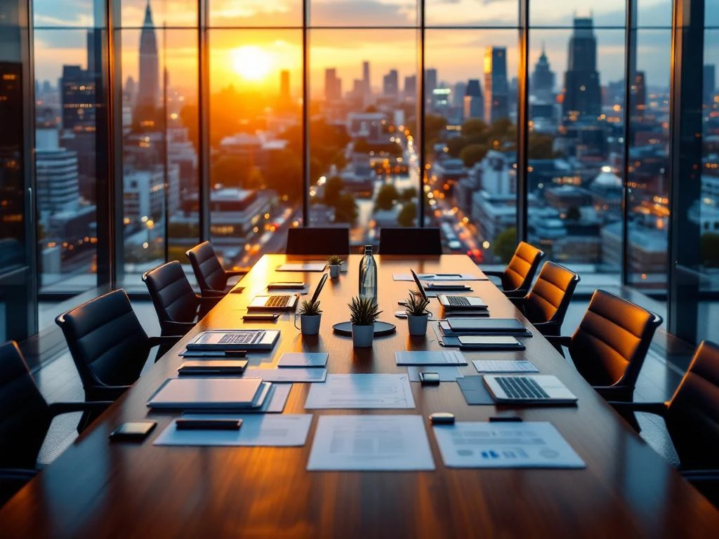 Luchtfoto van moderne glazen kantoorgebouw met vergaderruimte en Amsterdam skyline tijdens gouden uur