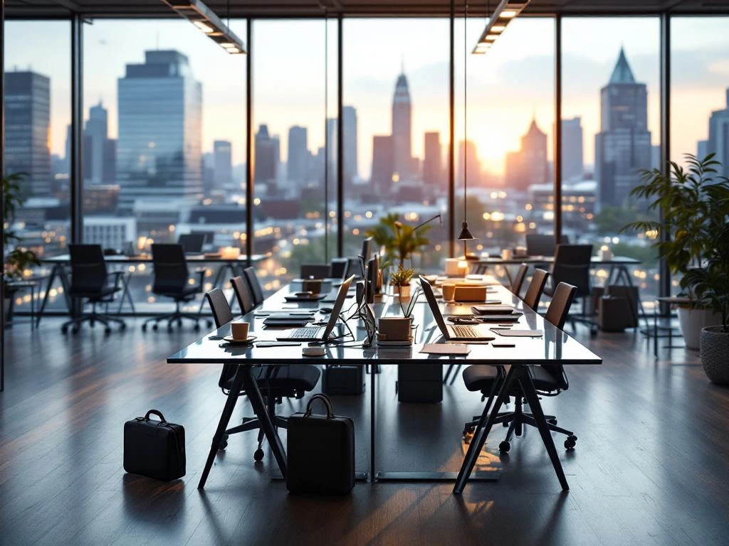 Modern kantoor met glazen bureaus, ergonomische stoelen en laptops, met Amsterdam skyline op achtergrond