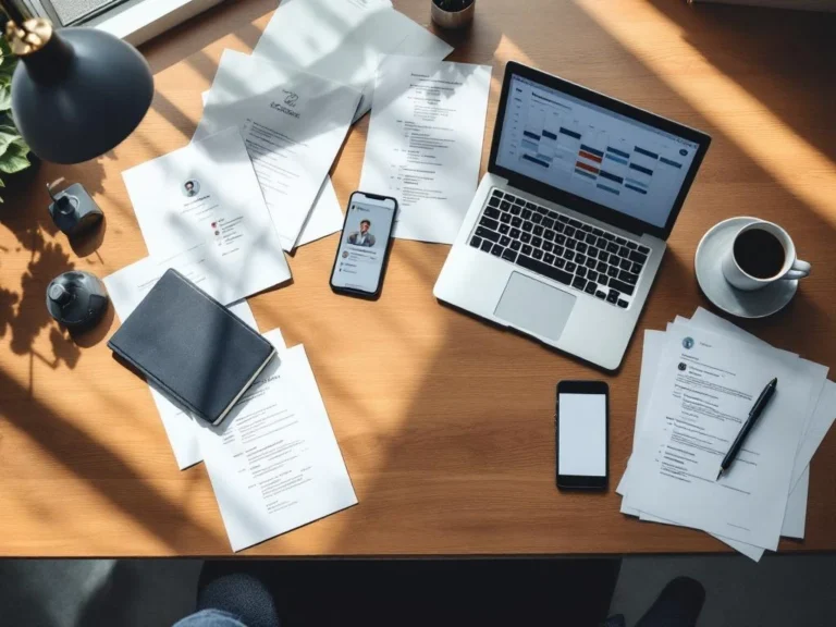 Moderne kantoorwerkplek van bovenaf met laptop, agenda-interface, documenten, koffie en smartphone op houten bureau