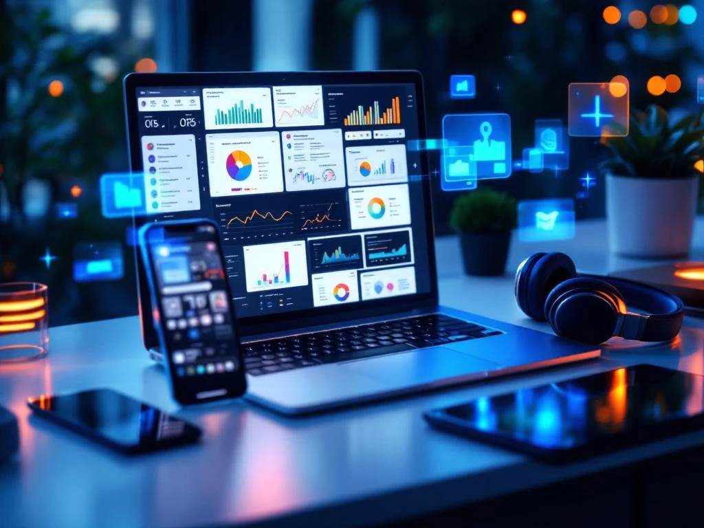 Moderne werkplek met laptop die analytics dashboards toont, smartphone, tablet en koptelefoon in professionele setting