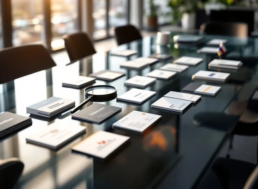 Vergelijkingsoverzicht van 15 visitekaartjes van Nederlandse recruitmentbureaus op glazen conferentietafel met vergrootglas