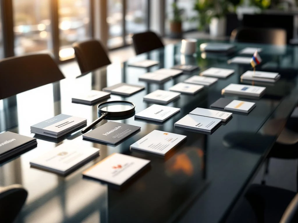 Vergelijkingsoverzicht van 15 visitekaartjes van Nederlandse recruitmentbureaus op glazen conferentietafel met vergrootglas