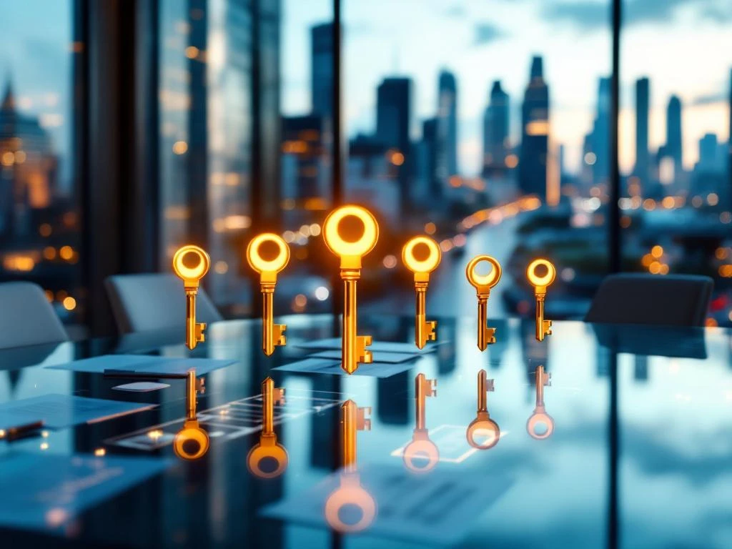 Zeven gouden sleutel iconen zweven boven glazen conferentietafel met Amsterdam zakenwijk en kanalen op achtergrond