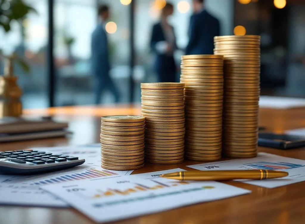 Stapels eurobiljetten in oplopende hoogte op houten bureau met rekenmachine, gouden pen en financiële documenten