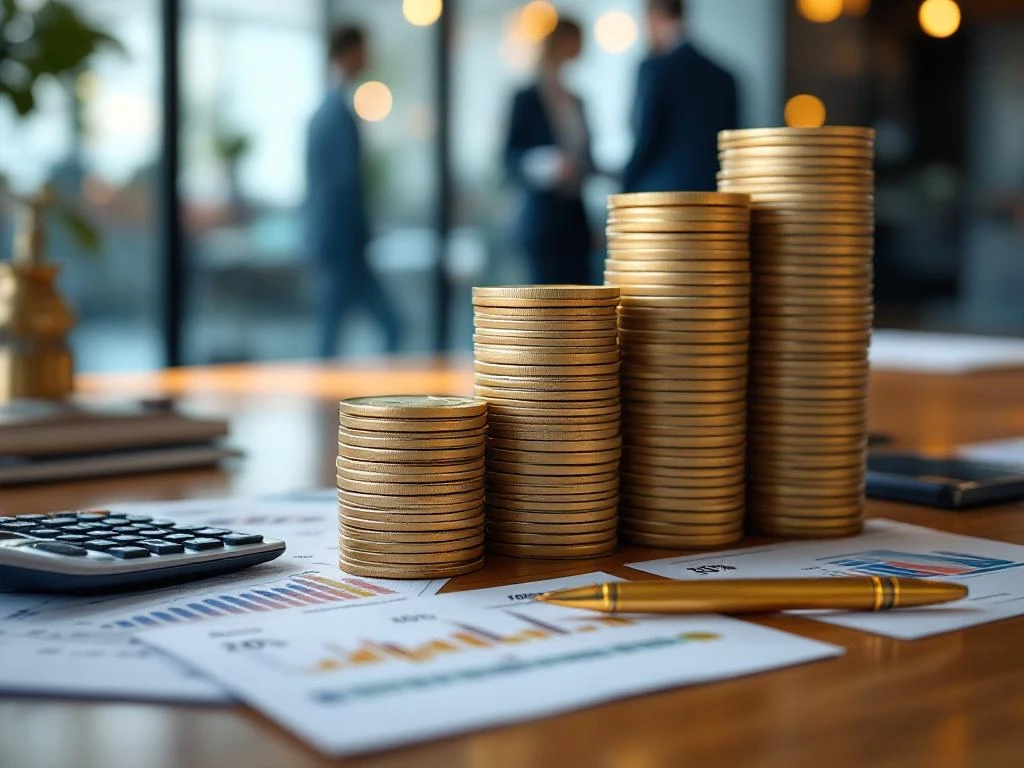 Stapels eurobiljetten in oplopende hoogte op houten bureau met rekenmachine, gouden pen en financiële documenten