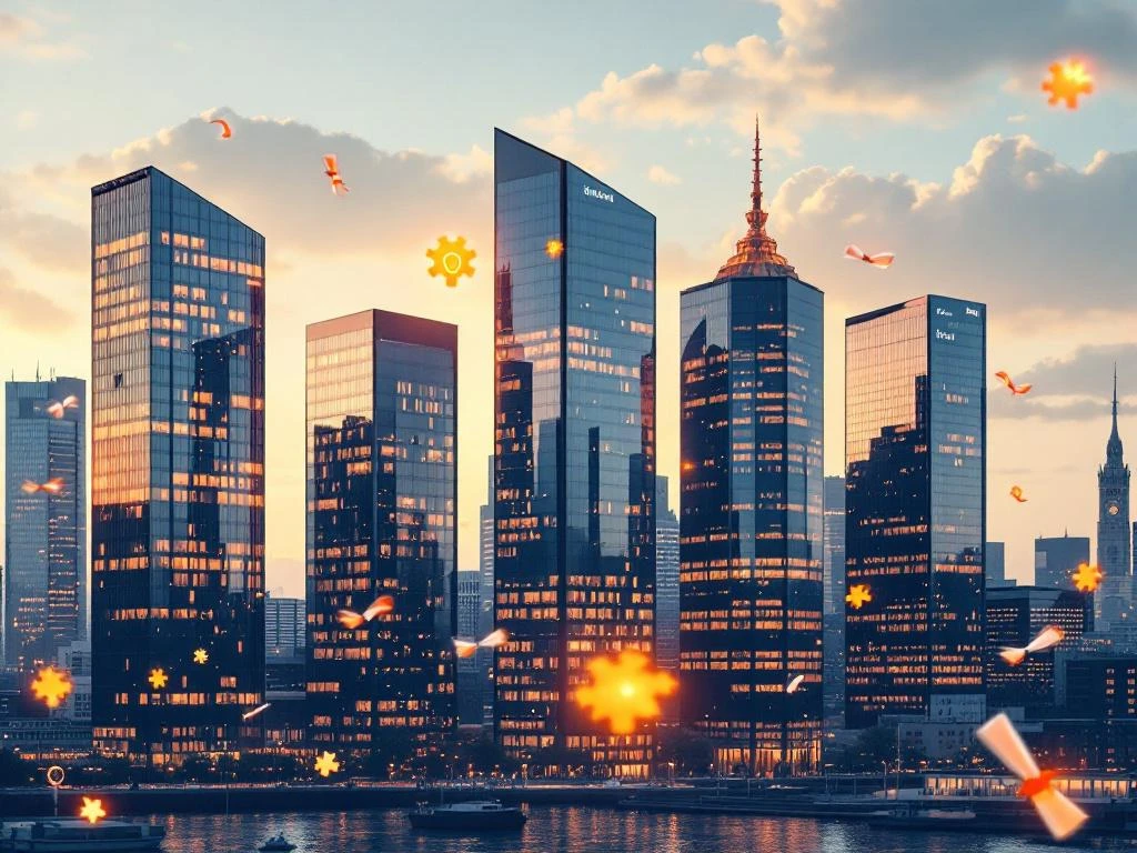 Vijf moderne kantoorgebouwen van recruitmentbureaus in Amsterdam met zwevende vaardigheidspictogrammen bij gouden uur