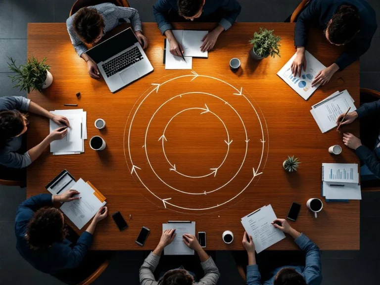 Houten vergadertafel met circulair diagram, laptops en recruitment documenten in professionele kantooromgeving