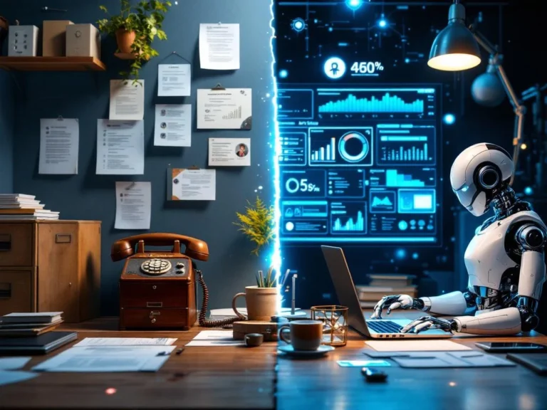 Split-screen vergelijking van traditionele werving met papieren cv's en vintage telefoon versus moderne AI-recruitment tools