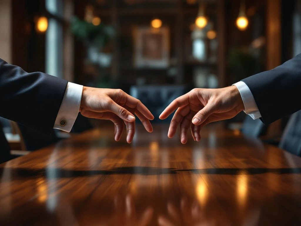 Twee professionele handen reiken naar elkaar over vergadertafel, symboliserend perfecte match werkgever-kandidaat
