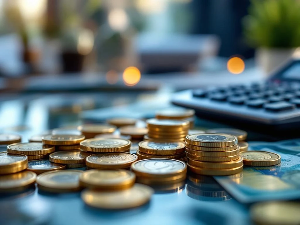 Euro munten en bankbiljetten op glazen bureau met calculator, professionele financiële werkplek met moderne kantooromgeving