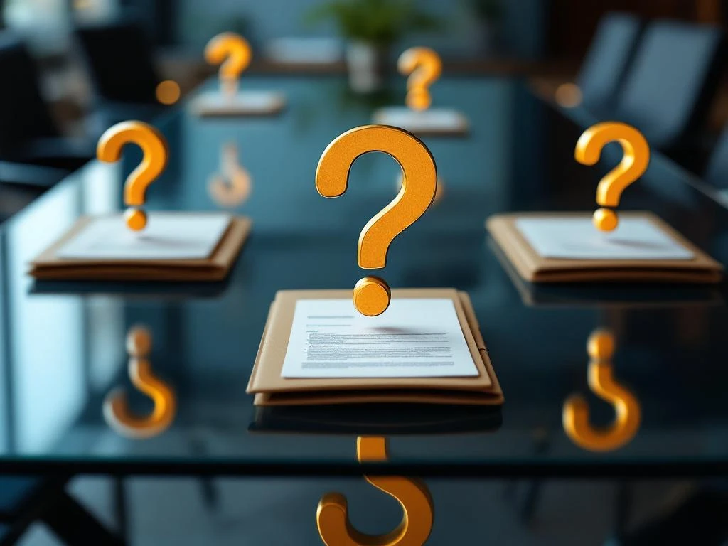 Vijf vraagtekens zweven boven manila mappen met recruitmentdocumenten op glazen vergadertafel in modern kantoor