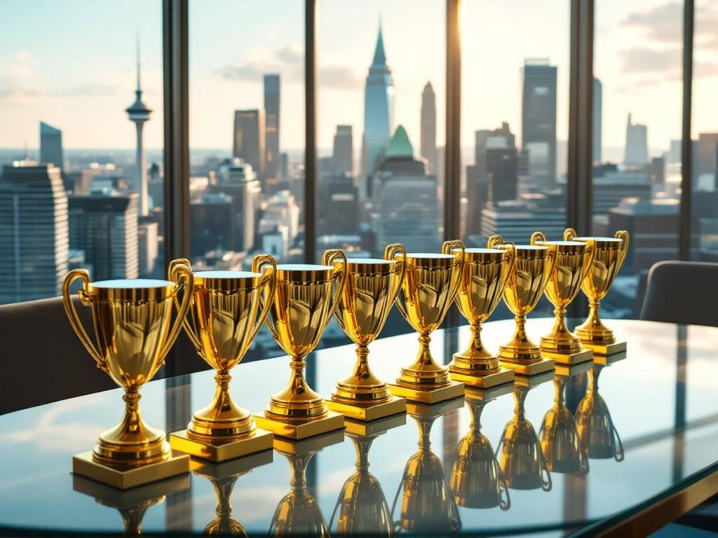 Tien gouden trofeeën op glazen vergadertafel met Amsterdam kantoorwijk en grachten op achtergrond, recruitment excellence