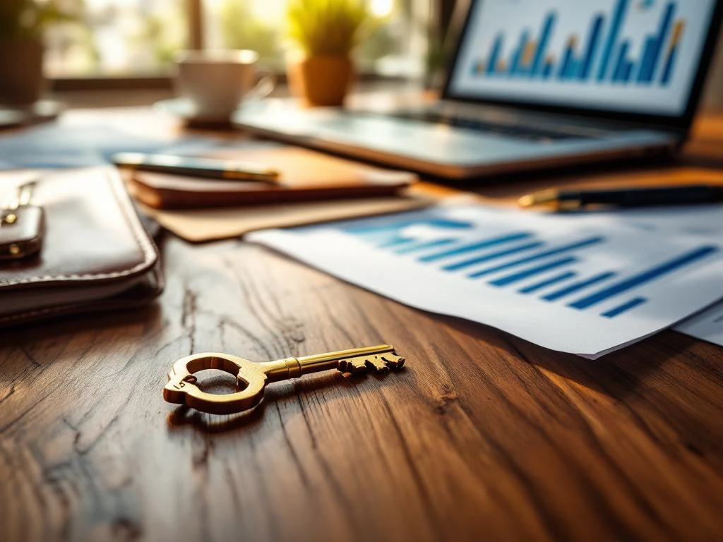 Gouden sleutel op houten bureau met laptop, grafieken en professionele documenten in moderne kantooromgeving