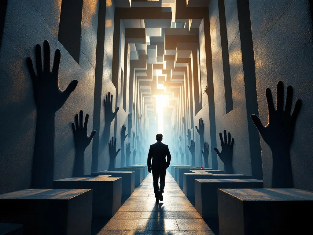 Zakenman loopt door doolhof van kantoorgebouwen met schaduwachtige handen die uitreiken, waarschuwingsborden zichtbaar