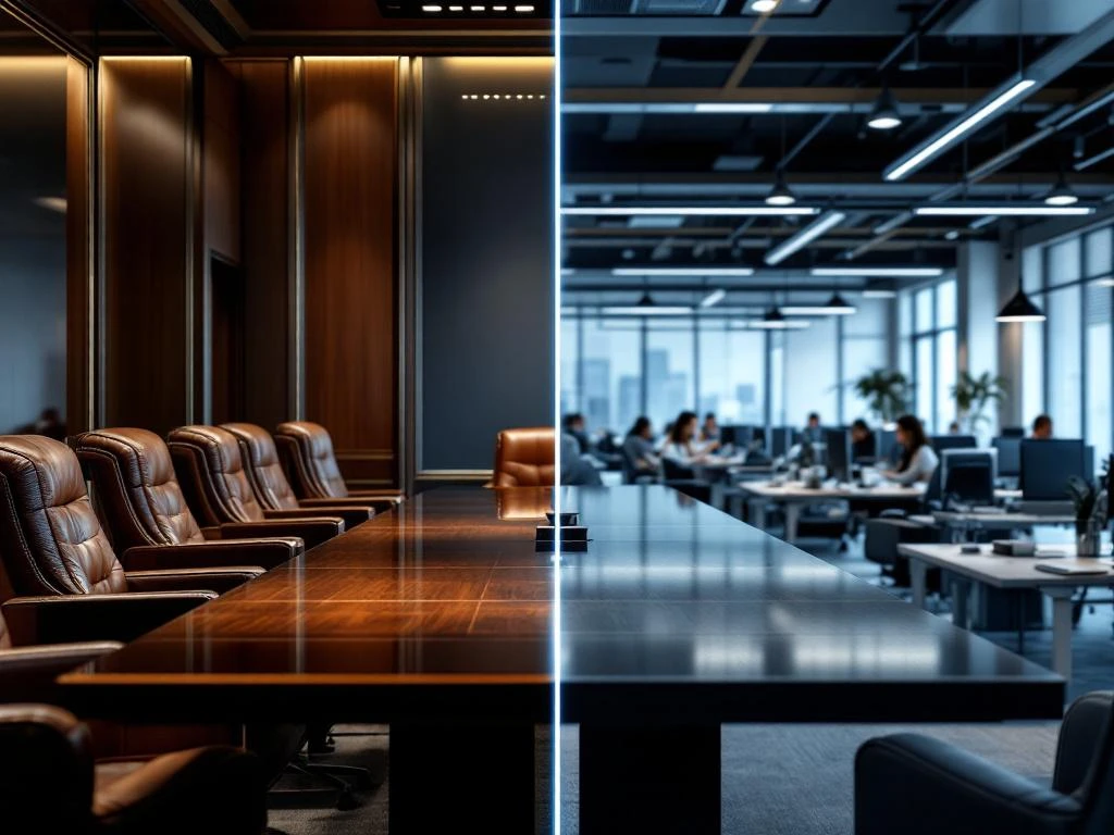 Vergelijking tussen retained recruitment in luxe bestuurskamer en contingency recruitment in dynamische kantoorruimte