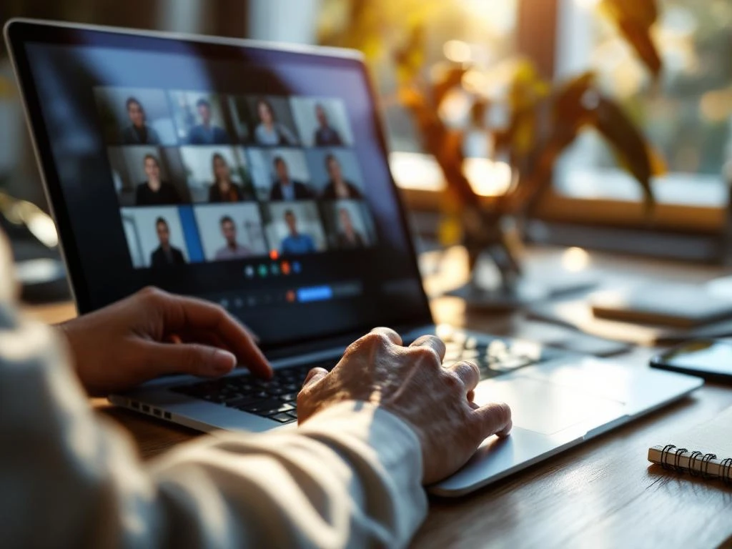 Professionele handen typen op laptop met videogesprek interface, moderne thuiswerkplek op achtergrond