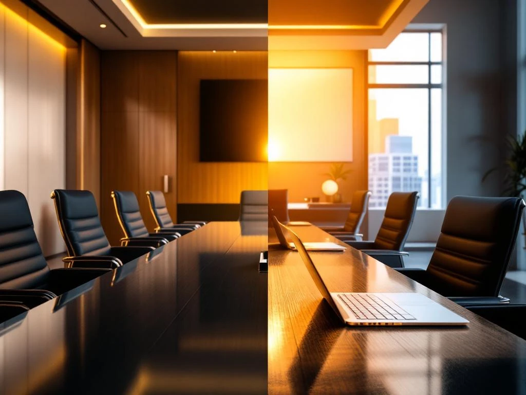 Vergelijking tussen traditionele lege bestuurskamer en moderne thuiswerkplek met laptop en koptelefoon