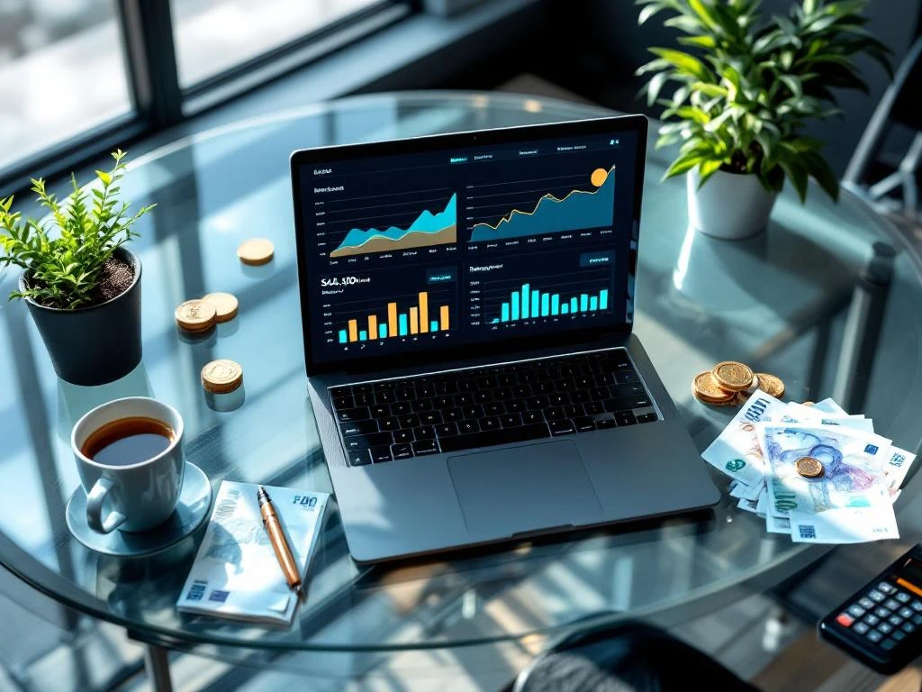 Laptop met financiële grafieken en salarigegevens op glazen bureau met eurobiljetten, calculator en pen